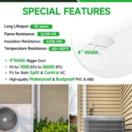 Cestluck 4 Inch Mini Split Line Set Cover 11 Ft, PVC & PP Line Cover Set Universal for Mini Split AC & Central AC, Line Set Cover for Heat Pump System