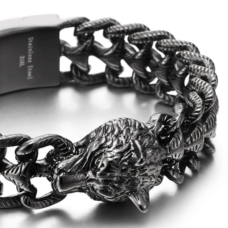 COOLSTEELANDBEYOND Men's Black Stainless Steel Wolf Head Bracelet, Textured Scale