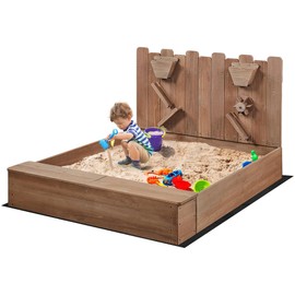 Yaheetech 53× 44.5in Wood Sand Box for Kids Ages 3-8, Sandboxes for Backyard Patio Garden Beach Outdoor Play Use, w/Fabric Liner Funnel Chutes Spinning Wheel & 2 Storage Compartments