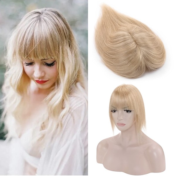 Silk-co Topper Extensions Real Hair Clip-In Extensions Real Hair Straight Toupee Hair Thickening Hair Extension for Women 7A Remy Hair 7 x 13 cm Base 15 cm 27 g 24# Natural Blonde