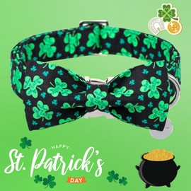DOGWONG Green Lucky Clover Shamrock Dog Collar with Bowtie, Soft Adjustable St. Patrick's Day Lucky Charm Black Puppy Collar for Small Medium Large Dog