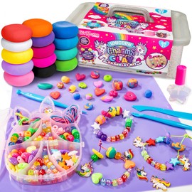 GirlZone Unicorn Pendant and Clay Bracelet Set, Clay Bracelets DIY Set for Girls with Unicorn Charms, Air Drying Clay and Colourful Beads, Funny Gift Idea