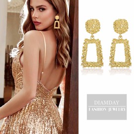 Diamday Clip on Statement Earrings for Women Geometric Dangle Earrings, Fashion Large Rectangle Clip on Earrings Gold Hot Pink Silver Non Pierced Earrings for Women 1