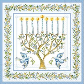 IHR Ideal Home Range Hannukah Napkins Rosanne Beck Disposable - 3-Ply Paper Party Napkin Pack, Lunch Size 6.5" x 6.5", RB Menorah, 20-Count