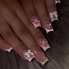 24 Pcs RIICFDD Cute Nails Square Press on Nails Short Fake Nails Pearl Bow Nail Charms Nails Press ons White French Tip Nails Full Cover Glossy Glue on Nails for Women Nail Art Decoration