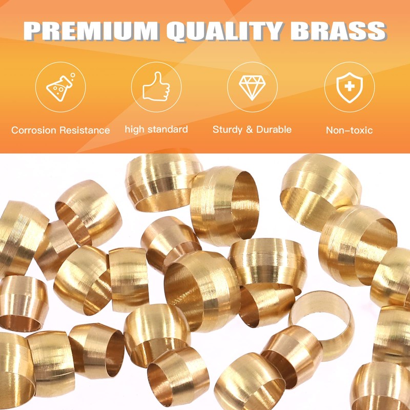 Rustark 105Pcs 1/4” 3/8” 1/2” Brass Compression Fitting Sleeves Ferrules