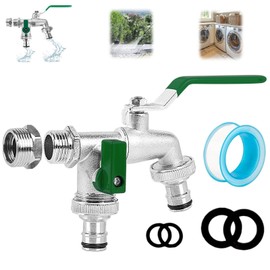 Double Outlet Garden Tap, Double Outside Tap Kit Universal with 3/4" & 1/2" Dual Tap Covers for Outdoor Taps, Garden Tap Kit, Frost & Rust-Resistant Outdoor Tap Kit for Home, Patio & Cleaning (1/Set)