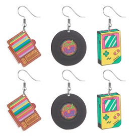 QLUYCKW 3 Pairs Neon Cassette Tape Earrings Set for Women - Acrylic Music Vintage Vinyl Record 70s 80s Retro 90's Outfit Party Accessories, Acrylic, No Gemstone