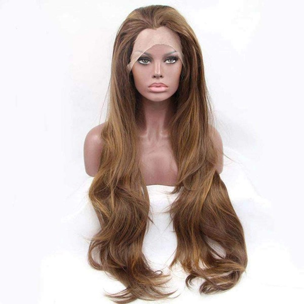 XIWEYA 24" Brown Lace Front Natural Straight Hair Heat Resistant Fiber Hair Wigs Long Wigs Free Parting