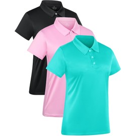 3-Pack Golf Polo Shirts for Women Moisture-Wicking Short-Sleeve Polos Tshirts Quick Dry Work Tops Sport Casual Activewear Black/Cyan/Pink XL