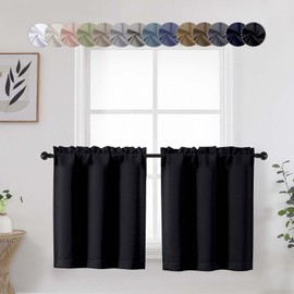 WelvetBLK Black Cafe Curtains 24 Inch Length Tier 2 Panels Set, Soft Solid Thermal Insulated Blackout Kitchen Half Curtains for Windows for Bathroom Basement, Black, 2PCS Each 30" Wx24 L