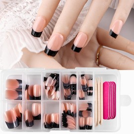 120 Pcs Black French Tip Press on Nails Medium Square Fake Nails Black French Nails Press ons Full Cover Glossy Acrylic Glue on Nails Nude Artificial False Nails with Adhesive Tabs for Women Manicure