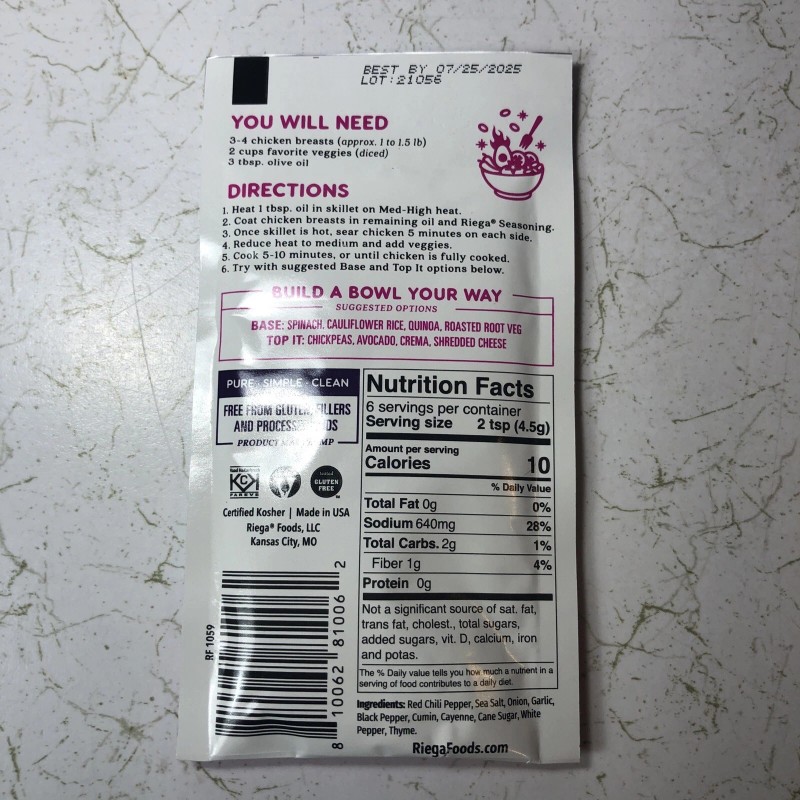 RIEGA Seasoning BLACKENED CHICKEN BOWL Seasoning, 1oz, BB 7/25, 2