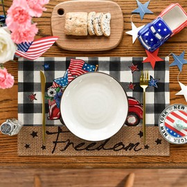 Artoid Mode Buffalo Plaid Patriotic Freedom Truck Placemats for Dining Table, 12 x 18 Inch 4th of July Memorial Day Decoration Washable Table Mats Set of 4