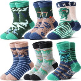 Welwoos 6 Pairs of Stopper Socks Children's Cuddly Socks Boys Thick Socks Warm Non-Slip Winter Socks Bed Socks House Socks, Dinosaurs