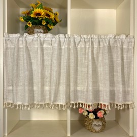 Boho Tassel Linen Curtain Valance for Kitchen Cabinet Farmhouse Semi Sheer Curtain Tiers for Room Divider Bathroom Rod Pocket Rustic Light Filtering Cafe Curtains for Home Decor 1 Panel W39 X L24 inch