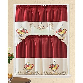 All American Collection Modern Contemporary 3pc Embroidered Home Kitchen Window Treatment Curtain Set (Swag Valance, Red Fruit Basket)