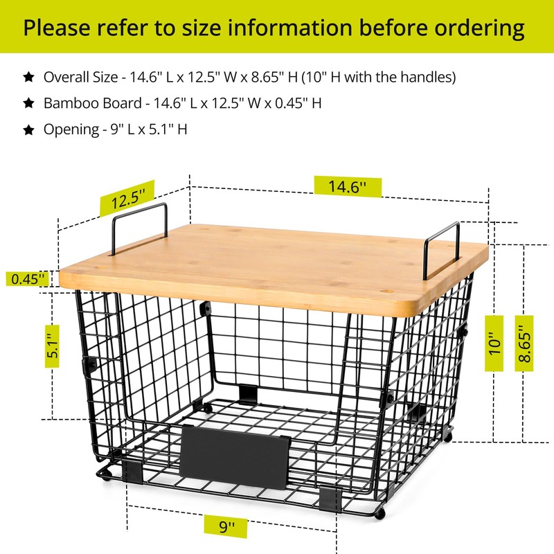 2 Set XXL Stackable Wire Basket with Bamboo Tops &