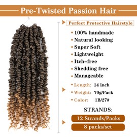 Crochet Passion Twist Crochet Hair Pre-Looped 14 Inch Short Passion Twist Hair Pretwisted 8 Packs YDDM Pre-Looped Crochet Twist Hair Crochet Braid Hair Extension (14 Inches, T1B/27#)
