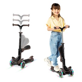 3 Wheel Scooter for Kids with Foldable Seat, Adjustable Handlebar Height, Lean-to-Steer Ride On Toy for Kids Ages 2+, Light-Up LED Wheels, Wide Anti Slip Deck, Indoor & Outdoor Use, Brown