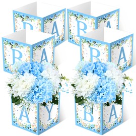 6 Pcs Blue Floral Baby Shower Party Decorations Baby Flower Boxes Centerpiece Blue Floral Table Display with Letters Gender Reveal Party Favor Block Holder (Blue Floral)