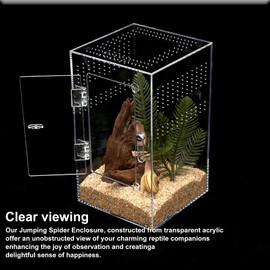 Acrylic Tarantula Enclosure Jumping Spider Enclosure with Front Opening Door 5.3 * 5.3 * 9 Inches Micro Habitat Terrarium for Small Tree Dwelling Reptiles, Spiders & Invertebrates (Enclosure&Feeder)