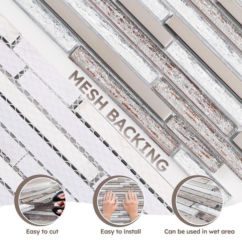 Diflart Diflart Glass Mosaic Tiles, Waterfall Linear Glass Backsplash Tile