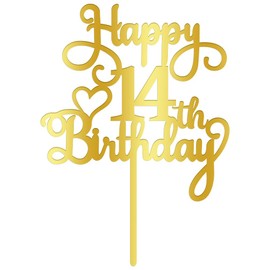 Qertesl - Decoración acrílica para tartas de cumpleaños número 14, decoración dorada de doble cara, para decoraciones de pasteles de cumpleaños 14, alegría a 14 fabulosas decoraciones de tartas/fiesta de aniversario 14