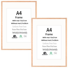 Weikani A4 Picture Frame with mat,2 Pack-21x30 cm OAK Wood Photo Frame,Certificate Frame with Plexi-glass for Wall Mount or Table Top Display