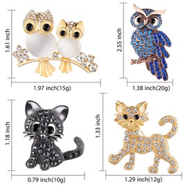 4 Pieces Animal Rhinestone Brooch Pin Set Rhinestone Owl Design Brooch Crystal Cat Brooches Pins for Women Girls Birthday Gift Wedding Christmas Party Supplies, Metal