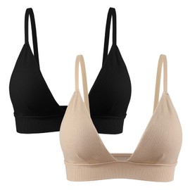 INIBUD Bralettes for Women Ribbed Seamless Padded Bra Wireless Triangle Plunge Cami Bra Adjustable Spaghetti Strap Top Black+Nude Small