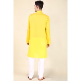 SKAVIJ Men's Cotton Solid Kurta Set Mandarin Collar Regular Fit Long Sleeves Ethnic Dress (KP115yellow_Yellow_M)