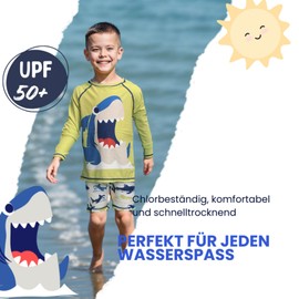 UMELOK Boys' Swimming Set UPF 50+, Two Piece Rash Guard and Swimming Shorts with Cute Animals Motif, Sun Protection for Children, Green-yellow