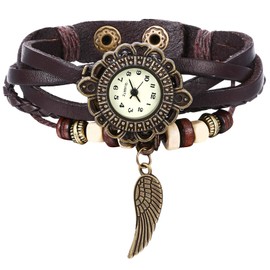 JewelryWe Women's Watch, Retro Braided Leather Bracelet Bangle Bracelet Watch with Tree Leaf Pendant for Women Girls, Feather brown, Bracelet