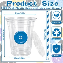 100Pcs Button Party Plastic Cups Disposable Cups with Lids Straws 12oz Purple Black Blue Yellow Buttons Clear Plastic Cup for Birthday Halloween Party Supplies