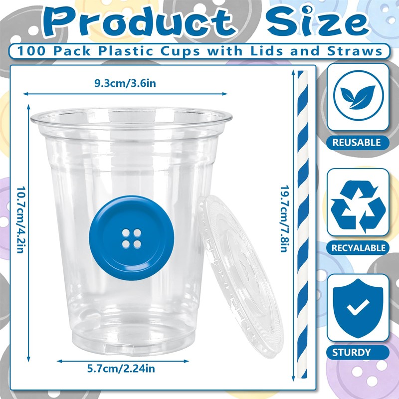 100Pcs Button Party Plastic Cups Disposable Cups with Lids Straws