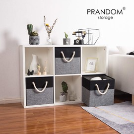 PRANDOM Large Foldable Cube Storage Bins 13x13 inch [4-Pack] Fabric Linen Storage Baskets Cubes Drawer with Cotton Handles Organizer for Shelves Nursery Closet Bedroom Black