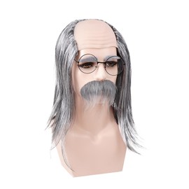Rthjsfj Old Man Costume Kit- Grandpa Curly Wig, Wig Cap, Glasses, Mustache and Eyebrows Set (Grey, Short, Curly)