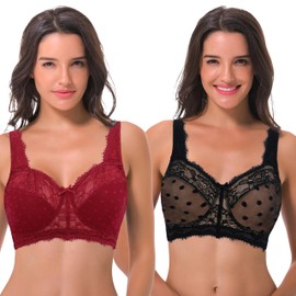 Curve Muse Plus Size Unlined Minimiser Wireless Bra with Embroidery Lace Pack of 3, Red, black (pack of 2), 110E