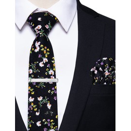 YourTies Black Cotton Floral Tie for Men 2.5" Printed Skinny Necktie Pocket Square Tie Clip Set Flower Wedding Groom