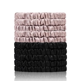 22 Momme 100% Pure Mulberry Silk Scrunchies (10 PCS) - Small Hair Elastics and Ties for Women Sleep, Hair Care No Damage, Black*5+Lotus Pink*5