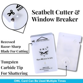 OWL Car Window Glass Breaker & Seatbelt Cutter Card Emergency Escape Rescue Hammer Safety Life Saving Crash Survival Kit 2-in-1 Tool - Made in USA (1 Ivory Card/no Holder)