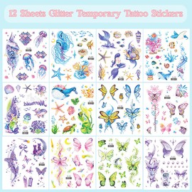 12 Sheets Glitter Oceans Temporary Tattoos Sticker, Butterfly Temporary Tattoos Sticker, Face Makeup Decoration, Body Art Tattoos for Women, Girls Festival Party Eye Decor