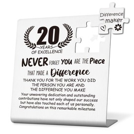 20 Year Work Anniversary Sign Gifts for Employee, 20th Work Anniversary Decor Gifts for Women, Modern Silver Stainless Steel Desk Plaque with Inspirational Quotes, 10 x 10 x 1.5 cm,WLK68