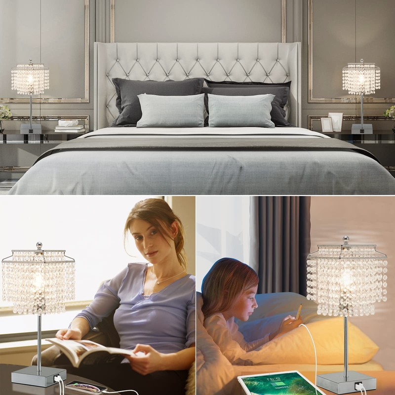 Touch Crystal Table Lamp Silver, Bedside Lamp with USB C+A