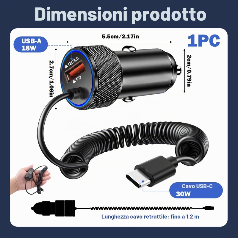 Adattatore per accendisigari USB C, 3,4 A, rapido da auto
