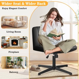 Brick Attic Wide Office Desk Chair, Armless Criss Cross Chair Leather Cross Legged Vanity Chairs, Swivel Height Adjustable Chairs for Home Office (Without Wheel Black)