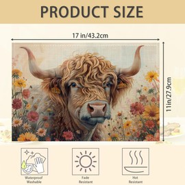 Highland Cow Wildflower Placemats Set of 6,Table Mats Non-Slip Heat Resistant Washable Placemat for Party Kitchen Dining Table Decoration Indoor Outdoor