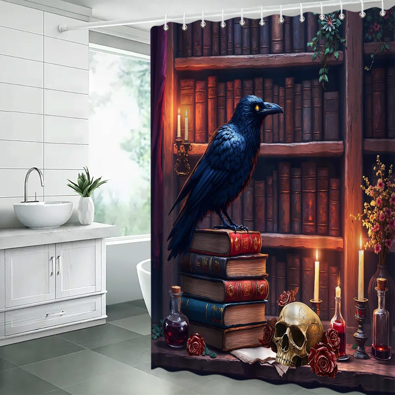 ZKJSMGS Gothic Halloween Shower Curtain,Crow Skull Bookshelf Library Spooky Witchy