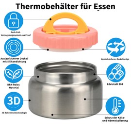 Smlper Thermal Food Container 250 ml/350 ml, Stainless Steel Children's Container with Double Lid, Portable Thermal Food Container, Handle Insulating & Vacuum Insulated (Pink, 250 ml)